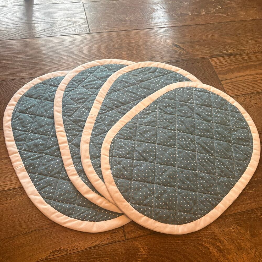 Cottagecore Blue White Heart Dots Quilted Puffy Placemats White Border Set of 4